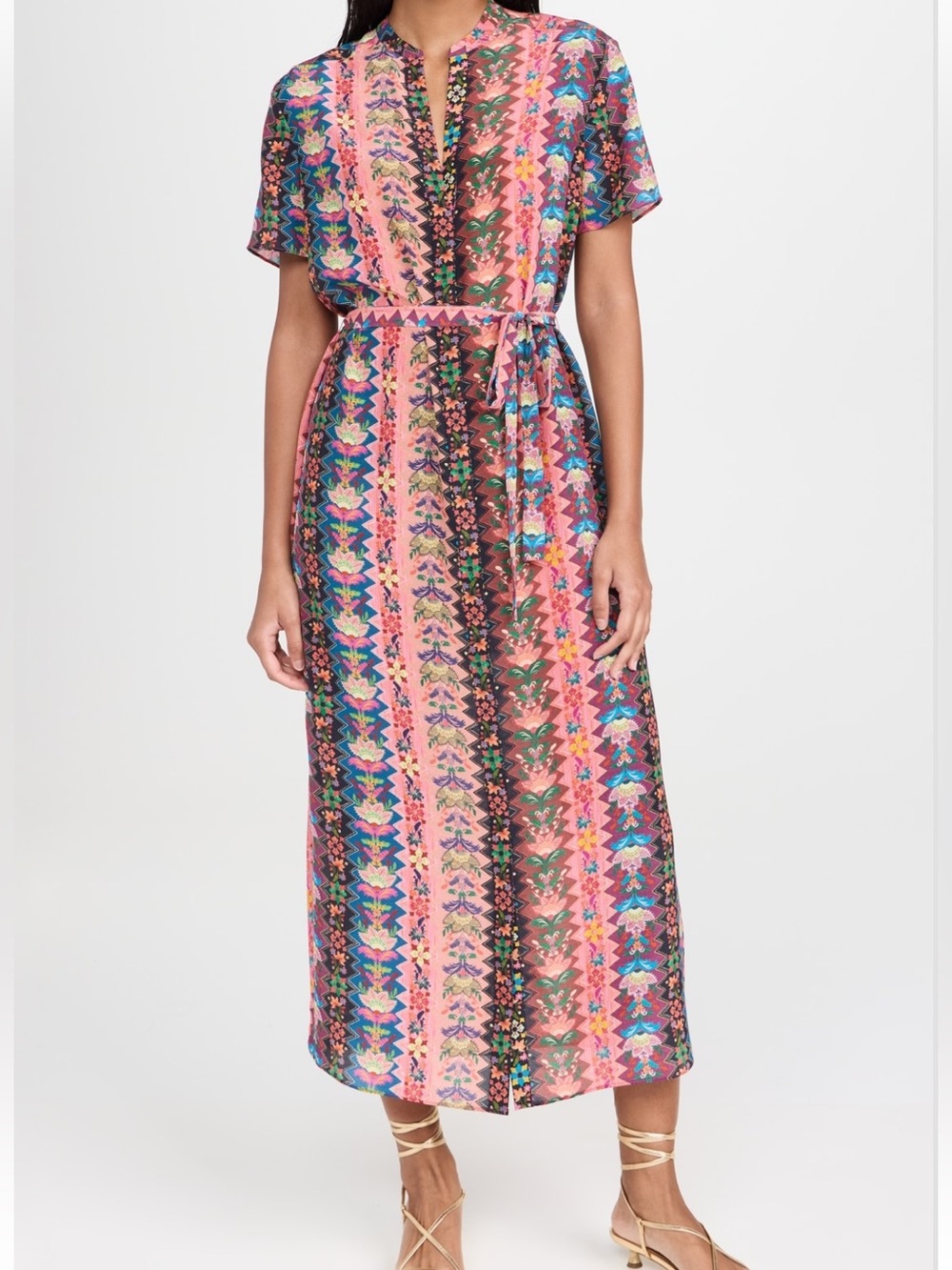 SALONI Pink Multi-Print Short-Sleeve Dress 100% Silk Java Stripe Fuscia 4